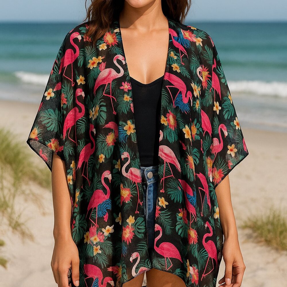 Women Sheer Flamingo Print Kimono Wrap Cover Up OS Open Front Summer Resortwear